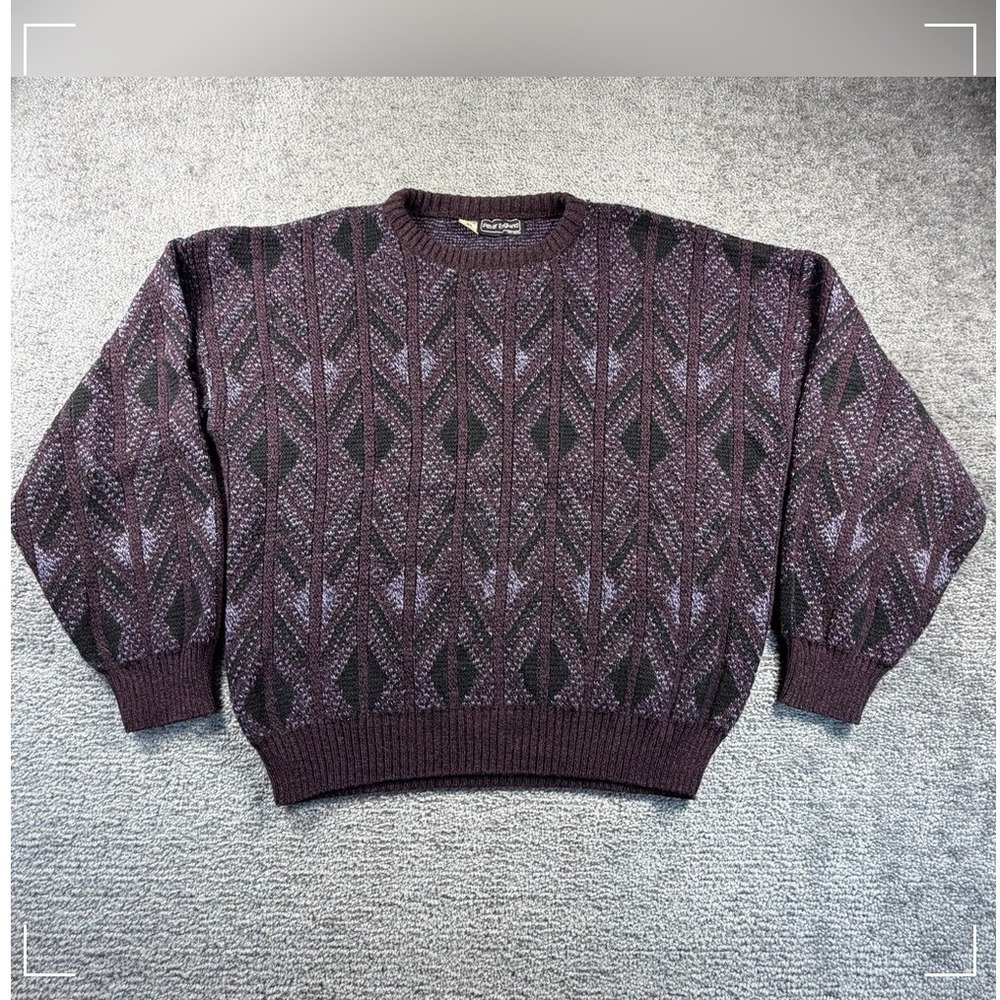 Peter England Vintage 90s Wool Blend Geometric Grandpa Sweater XL Italy Purple